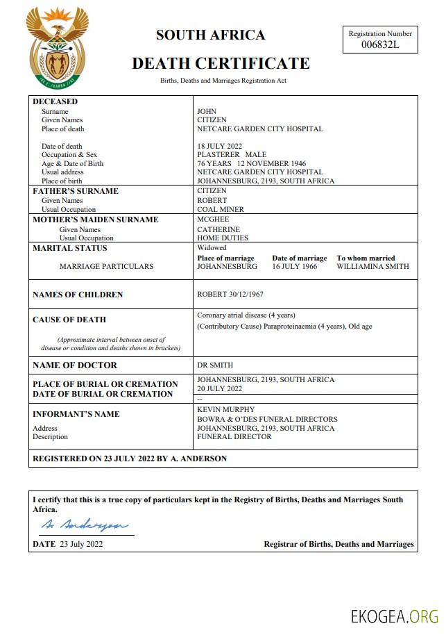 Modèle Word et PDF de certificat de décès en Afrique du Sud